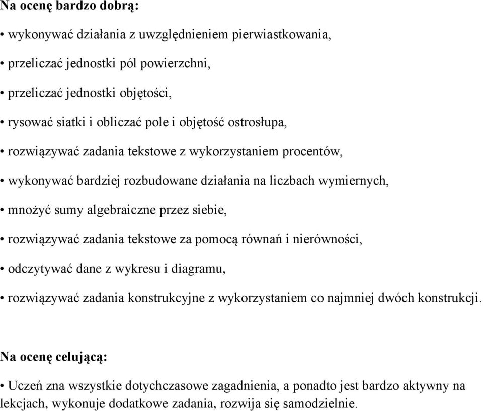 przez siebie, rozwiązywać zadania tekstowe za pomocą równań i nierówności, odczytywać dane z wykresu i diagramu, rozwiązywać zadania konstrukcyjne z wykorzystaniem co najmniej