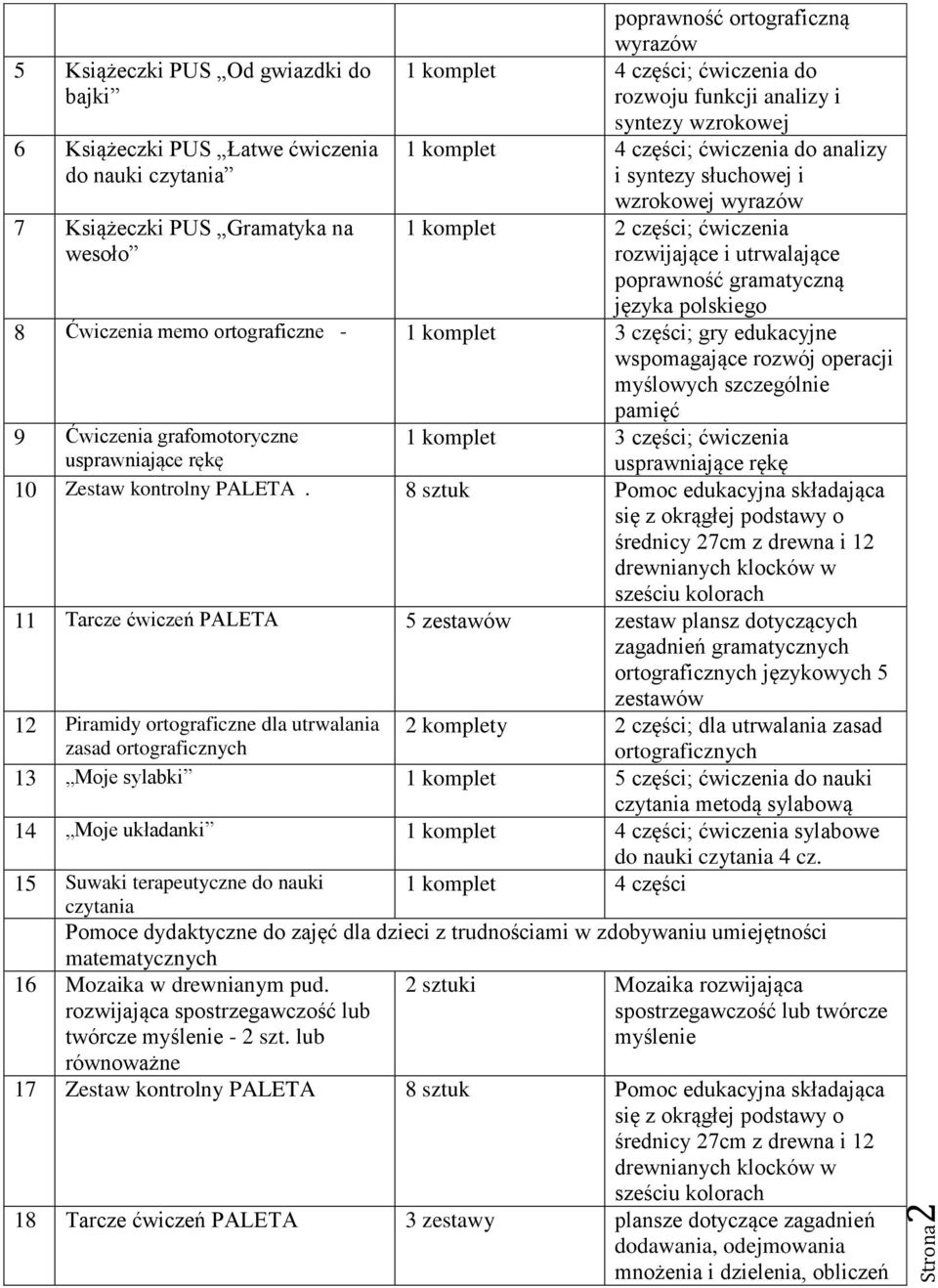 gramatyczną języka polskiego 8 Ćwiczenia memo ortograficzne - 1 komplet 3 części; gry edukacyjne wspomagające rozwój operacji myślowych szczególnie pamięć 9 Ćwiczenia grafomotoryczne usprawniające