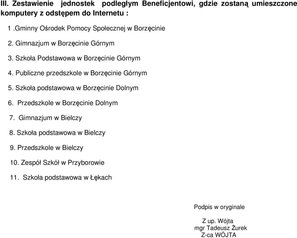 Publiczne przedszkole w Borzęcinie Górnym 5. Szkoła podstawowa w Borzęcinie Dolnym 6. Przedszkole w Borzęcinie Dolnym 7.