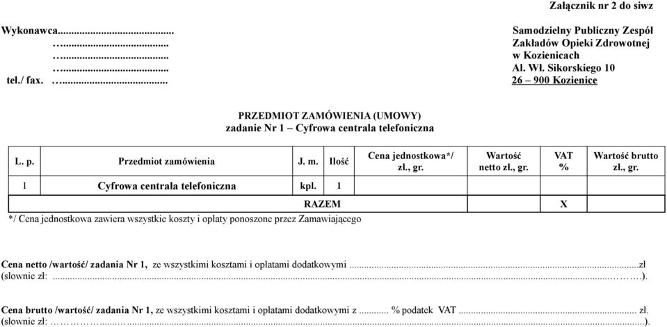 , gr. VAT % Wartość brutto zł., gr. 1 Cyfrowa centrala telefoniczna kpl.