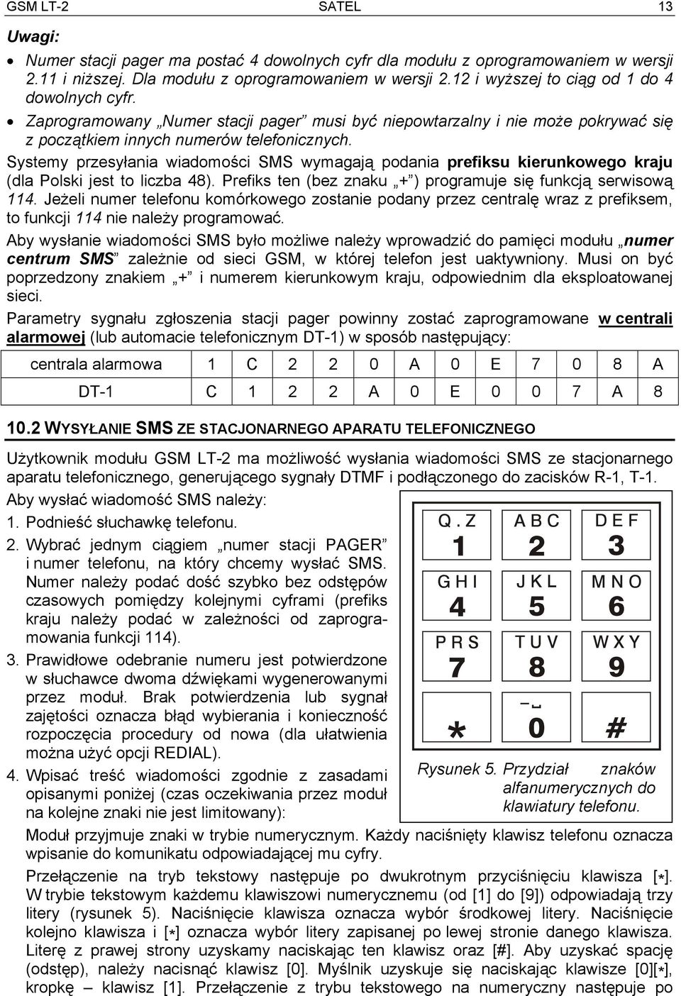 Systemy przesyłania wiadomości SMS wymagają podania prefiksu kierunkowego kraju (dla Polski jest to liczba 48). Prefiks ten (bez znaku + ) programuje się funkcją serwisową 114.