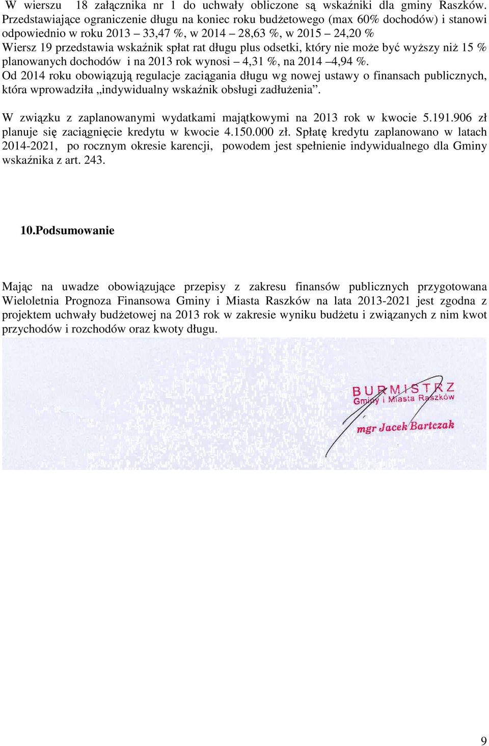 długu plus odsetki, który nie może być wyższy niż 15 % planowanych dochodów i na 2013 rok wynosi 4,31 %, na 2014 4,94 %.