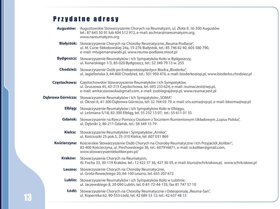 : 85 746 82 40, 605 580 790, e-mail: mtugeman@wobi.pl, www.reuma-podlasie.mixxt.pl Stowarzyszenie Reumatyków i ich Sympatyków Koło w Bydgoszczy, ul. Konarskiego 1/3, 85-020 Bydgoszcz, tel.