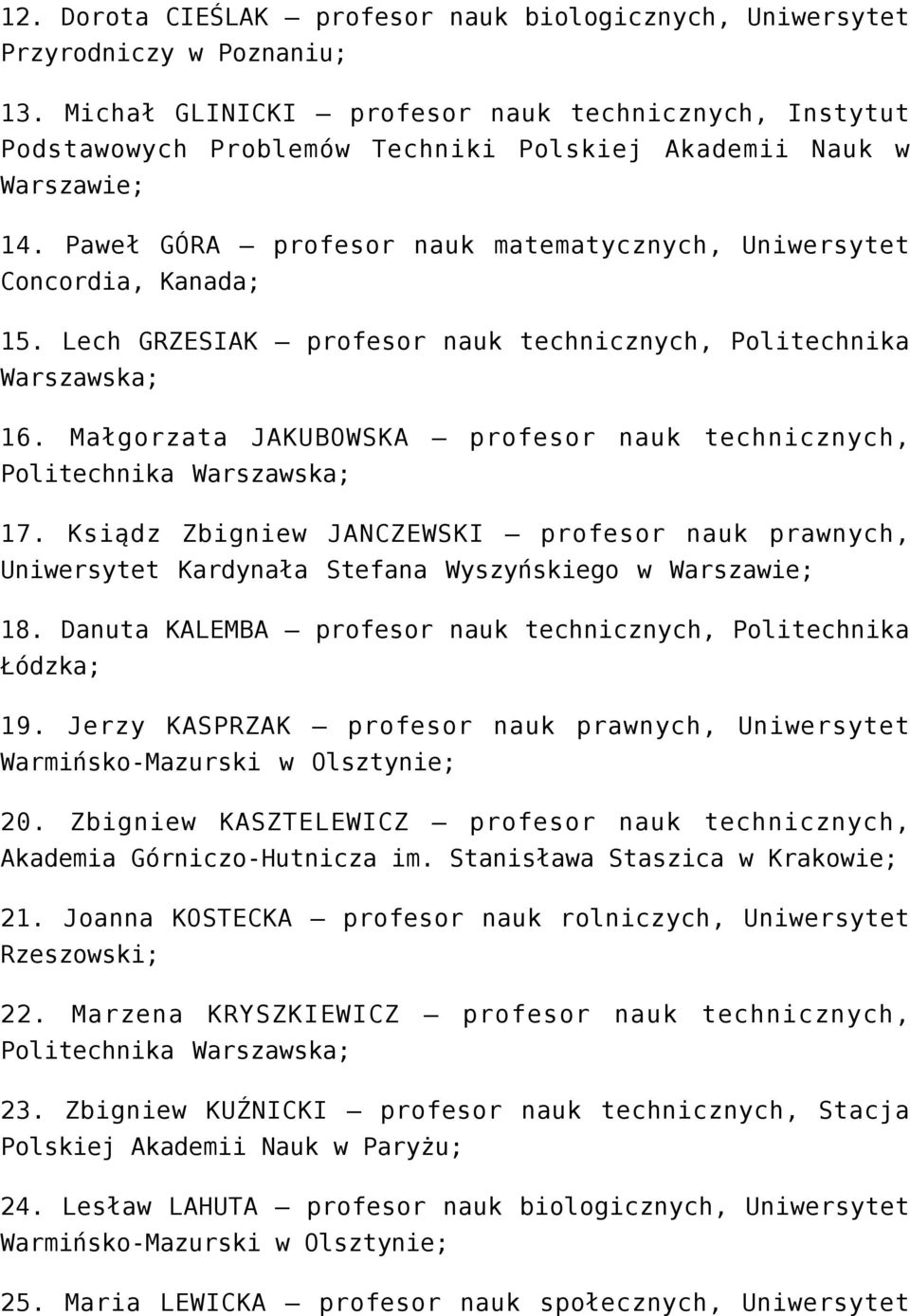 Lech GRZESIAK profesor nauk technicznych, Politechnika Warszawska; 16. Małgorzata JAKUBOWSKA profesor nauk technicznych, 17.