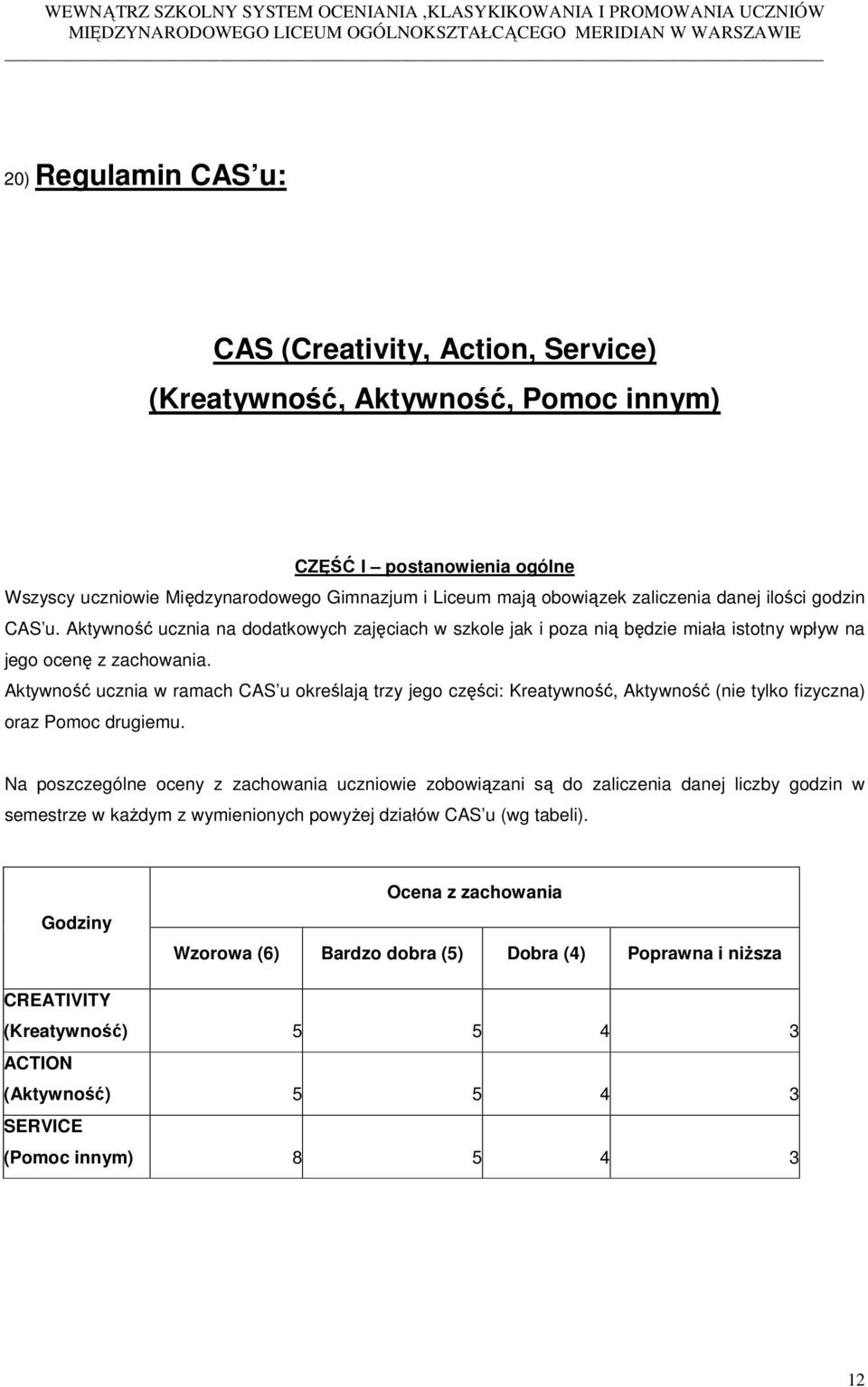 Aktywność ucznia w ramach CAS u określają trzy jego części: Kreatywność, Aktywność (nie tylko fizyczna) oraz Pomoc drugiemu.