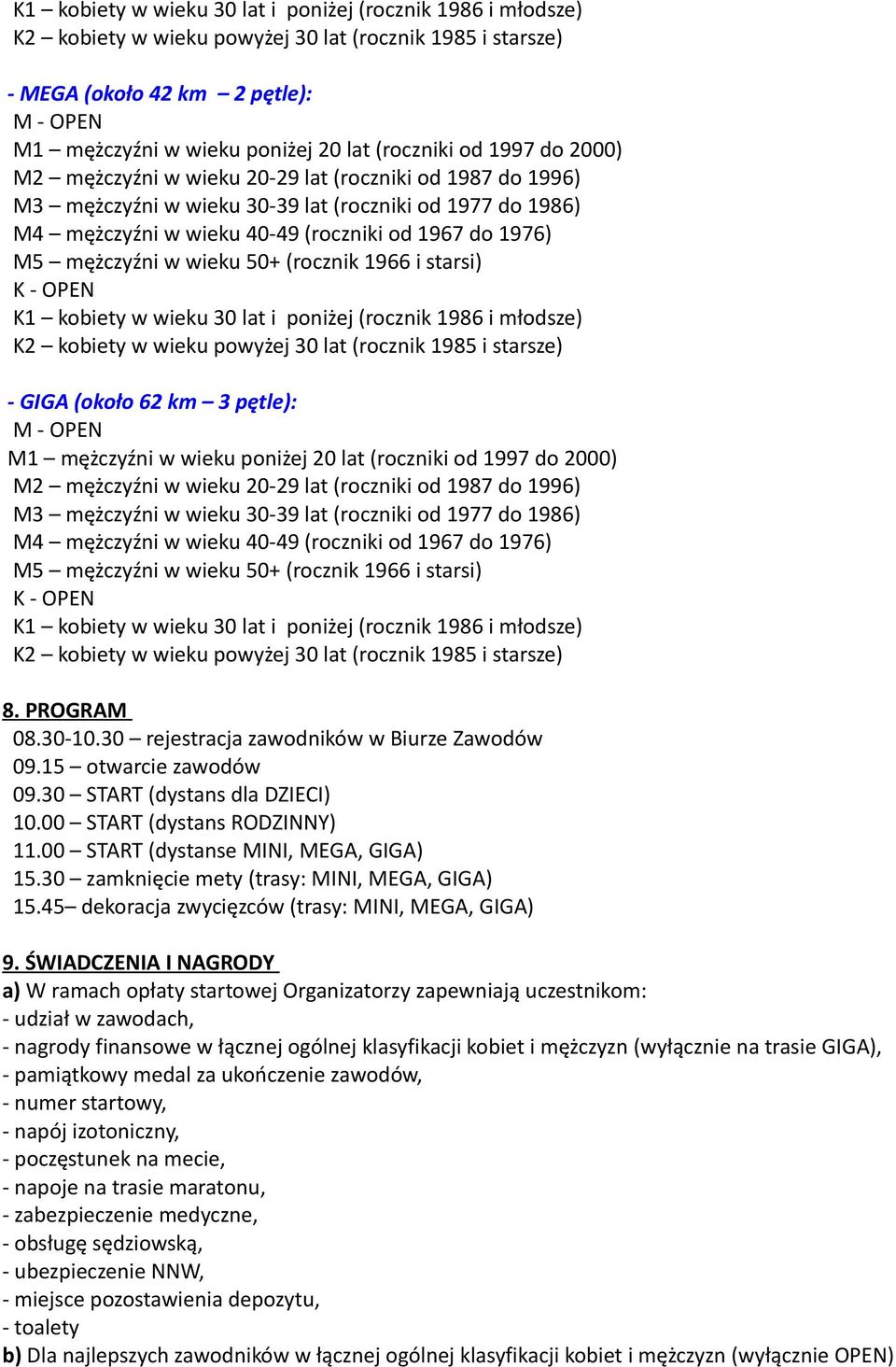 mężczyźni w wieku 50+ (rocznik 1966 i starsi) K - OPEN K1 kobiety w wieku 30 lat i poniżej (rocznik 1986 i młodsze) K2 kobiety w wieku powyżej 30 lat (rocznik 1985 i starsze) - GIGA (około 62 km 3