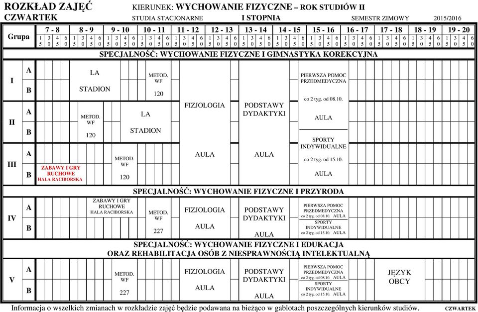8.. UL NDYWDULNE co 2 tyg. od.. UL SPECJLNOŚĆ: WYCHOWNE FZYCZNE PRZYROD 227 FZJOLOG UL PODSTWY DYDKTYK PERWSZ POMOC PRZEDMEDYCZN co 2 tyg. od 8.. UL NDYWDULNE co 2 tyg. od.. UL UL SPECJLNOŚĆ: WYCHOWNE FZYCZNE EDUKCJ ORZ REHLTCJ OSÓ Z NESPRWNOŚCĄ NTELEKTULNĄ 227 FZJOLOG UL PODSTWY DYDKTYK UL PERWSZ POMOC PRZEDMEDYCZN co 2 tyg.