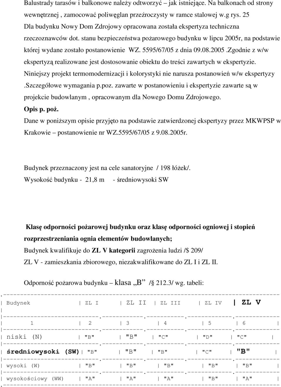 5595/67/05 z dnia 09.08.2005.Zgodnie z w/w ekspertyzą realizowane jest dostosowanie obiektu do treści zawartych w ekspertyzie.