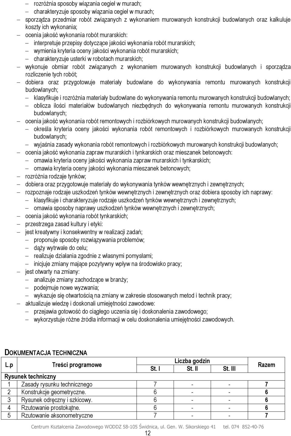 usterki w robotach murarskich; wykonuje obmiar robót związanych z wykonaniem murowanych konstrukcji budowlanych i sporządza rozliczenie tych robót; dobiera oraz przygotowuje materiały budowlane do