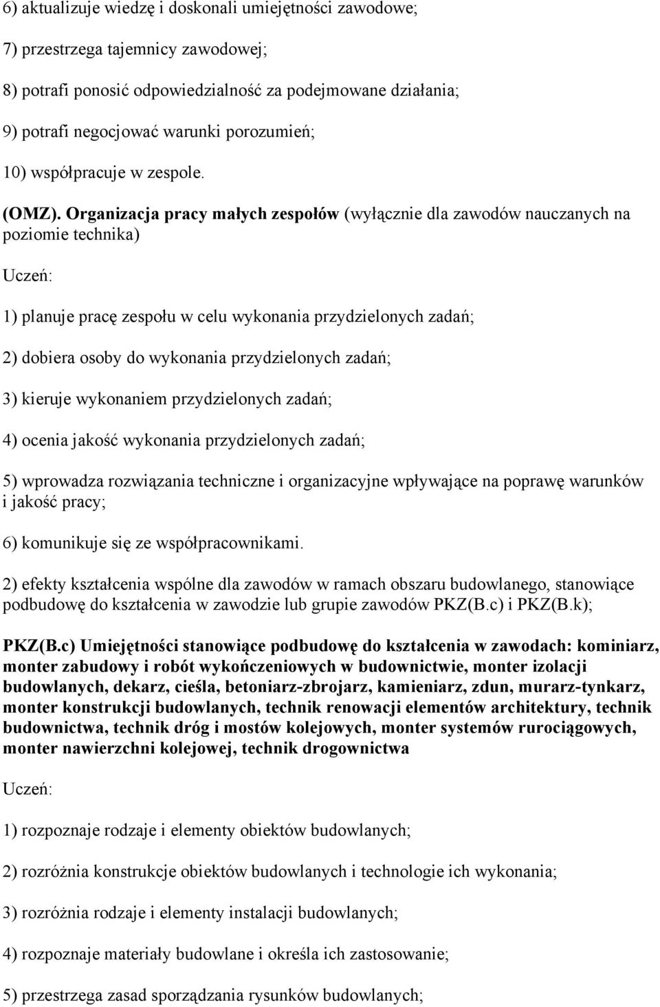 Organizacja pracy małych zespołów (wyłącznie dla zawodów nauczanych na poziomie technika) 1) planuje pracę zespołu w celu wykonania przydzielonych zadań; 2) dobiera osoby do wykonania przydzielonych