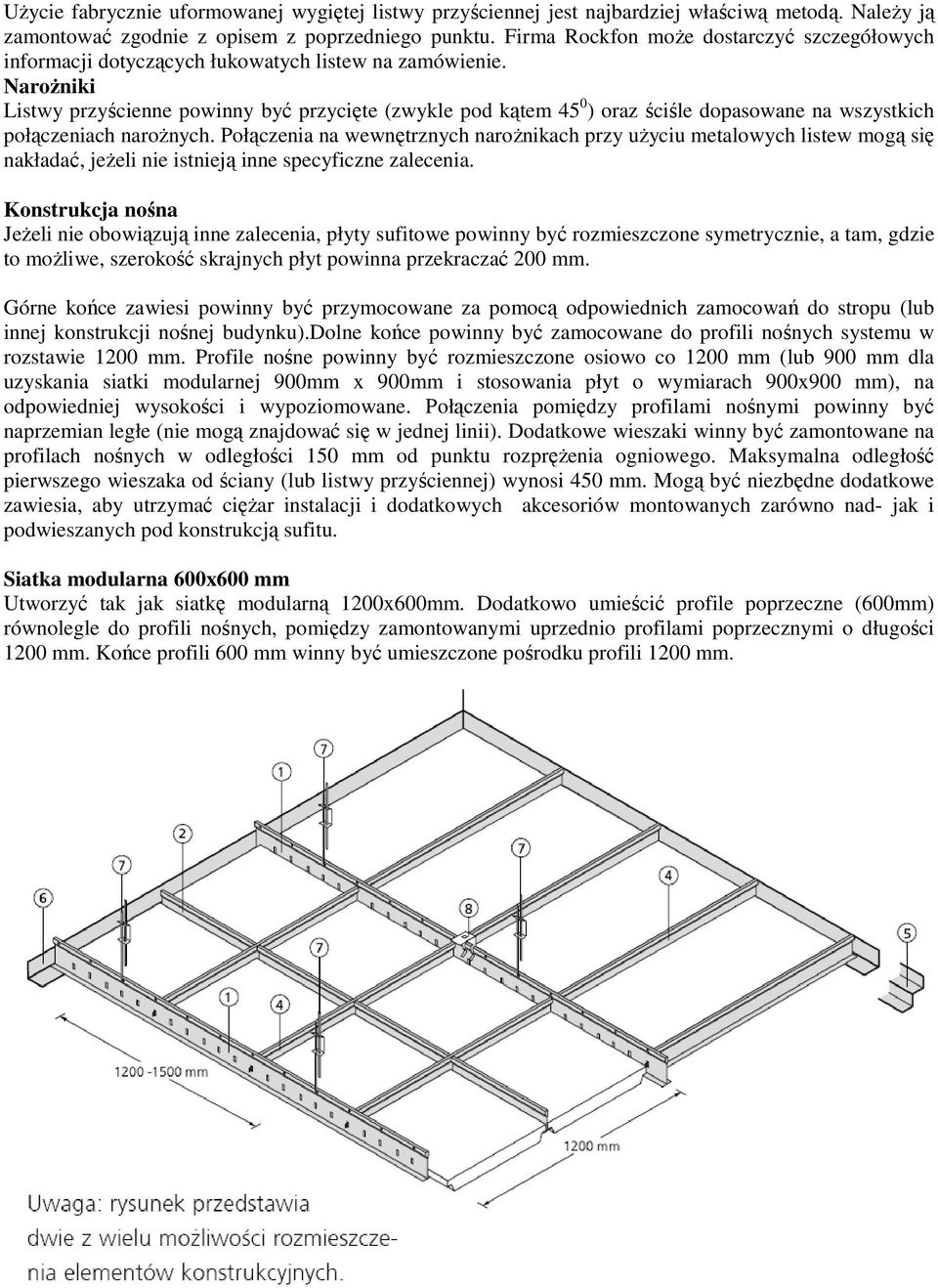 NaroŜniki Listwy przyścienne powinny być przycięte (zwykle pod kątem 45 0 ) oraz ściśle dopasowane na wszystkich połączeniach naroŝnych.