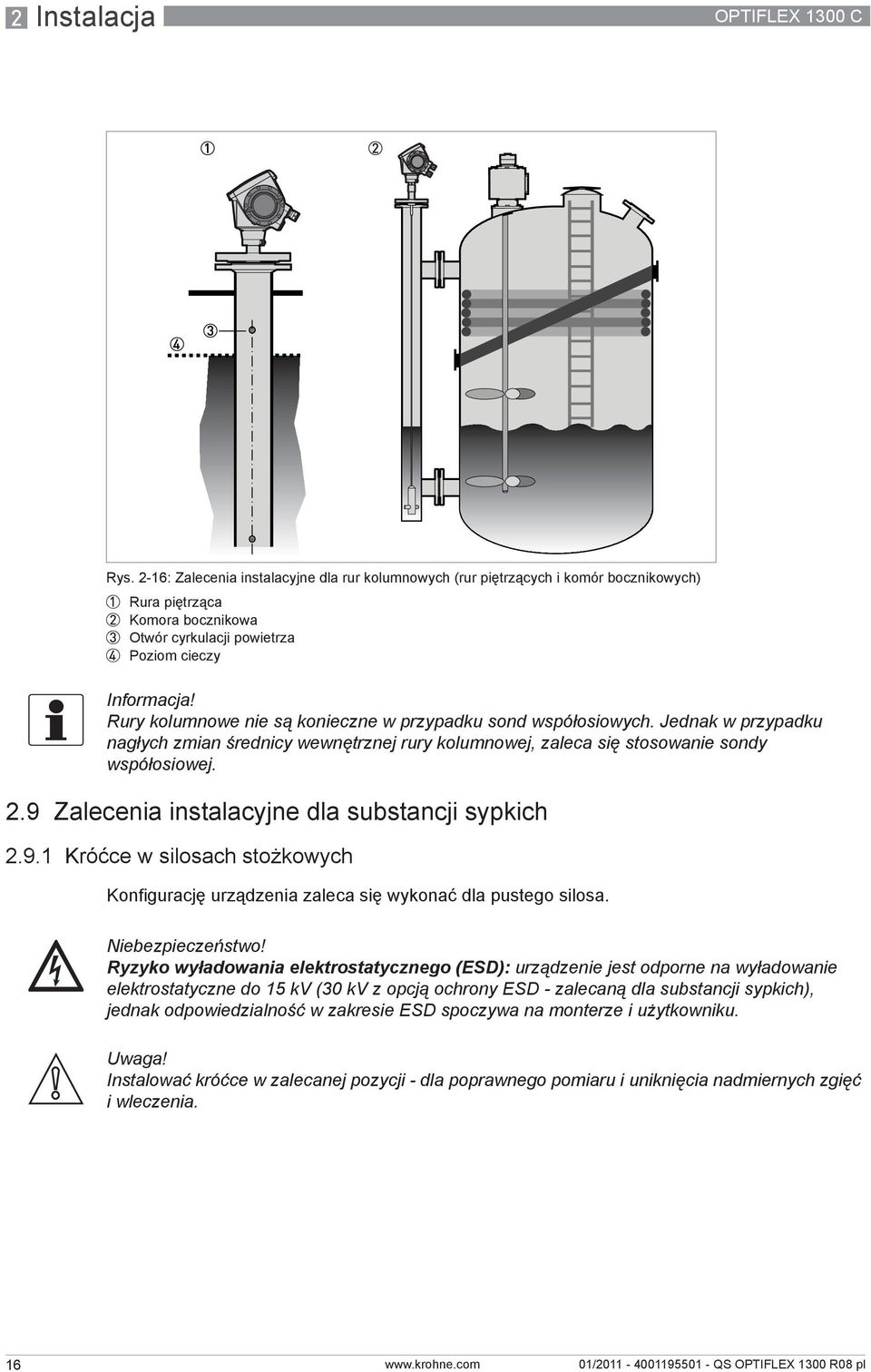 Rury kolumnowe nie są konieczne w przypadku sond współosiowych. Jednak w przypadku nagłych zmian średnicy wewnętrznej rury kolumnowej, zaleca się stosowanie sondy współosiowej. 2.
