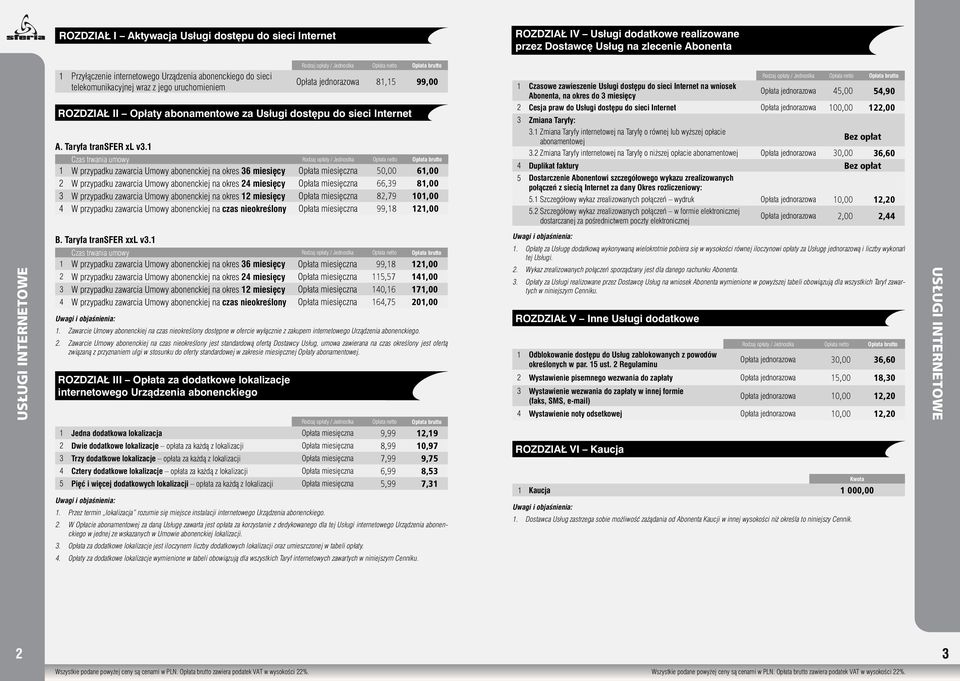 1 Czas trwania umowy 1 W przypadku zawarcia Umowy abonenckiej na okres 36 miesięcy Opłata miesięczna 50,00 61,00 2 W przypadku zawarcia Umowy abonenckiej na okres 24 miesięcy Opłata miesięczna 66,39