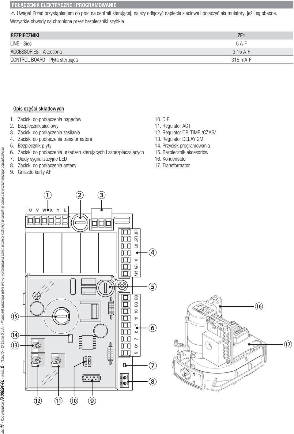 11 - Kod instrukcji: FA00094-PL - wers. 2-11/2015 - Came S.p.A. - Producent zastrzega sobie prawo wprowadzania zmian w treści instrukcji w dowolnej chwili bez wcześniejszego powiadomienia 1.