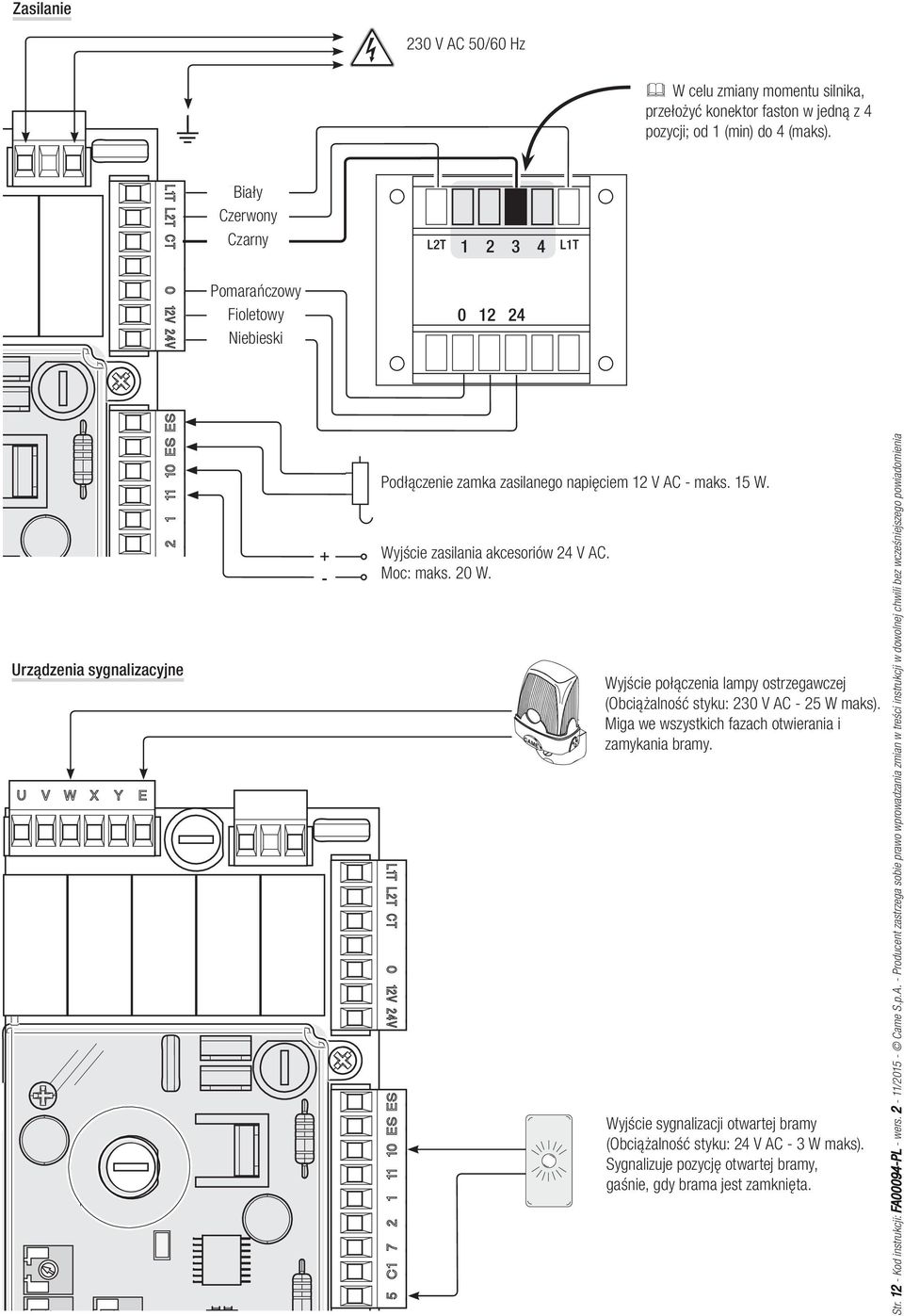 maks. 15 W. Wyjście zasilania akcesoriów 24 V AC. Moc: maks. 20 W. Wyjście połączenia lampy ostrzegawczej (Obciążalność styku: 230 V AC - 25 W maks).
