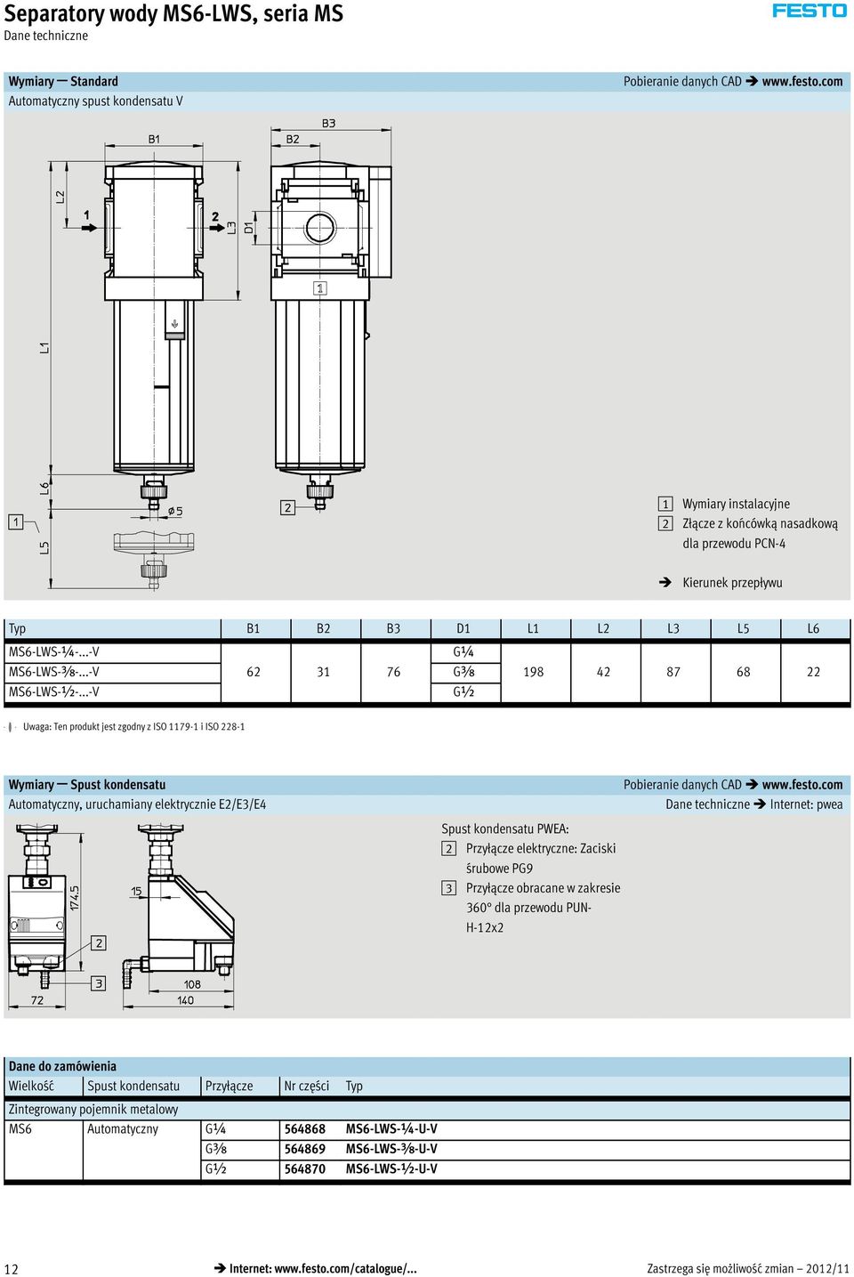 ..-V G½ -H- Uwaga: Ten produkt jest zgodny z ISO 1179-1 i ISO 228-1 Wymiary Spust kondensatu Automatyczny, uruchamiany elektrycznie E2/E3/E4 Pobieranie danych CAD www.festo.