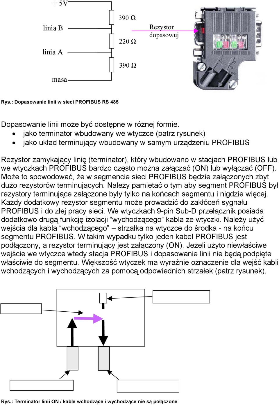 wtyczkach PROFIBUS bardzo często można załączać (ON) lub wyłączać (OFF). Może to spowodować, że w segmencie sieci PROFIBUS będzie załączonych zbyt dużo rezystorów terminujących.