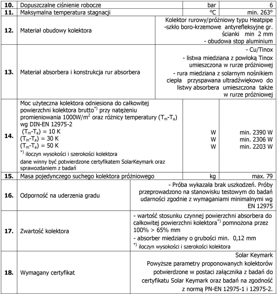 Moc użyteczna kolektora odniesiona do całkowitej powierzchni kolektora brutto *) przy natężeniu promieniowania 1000W/m 2 oraz różnicy temperatury (T m -T a ) wg DIN-EN 12975-2 (T m -T a ) = 10 K (T m