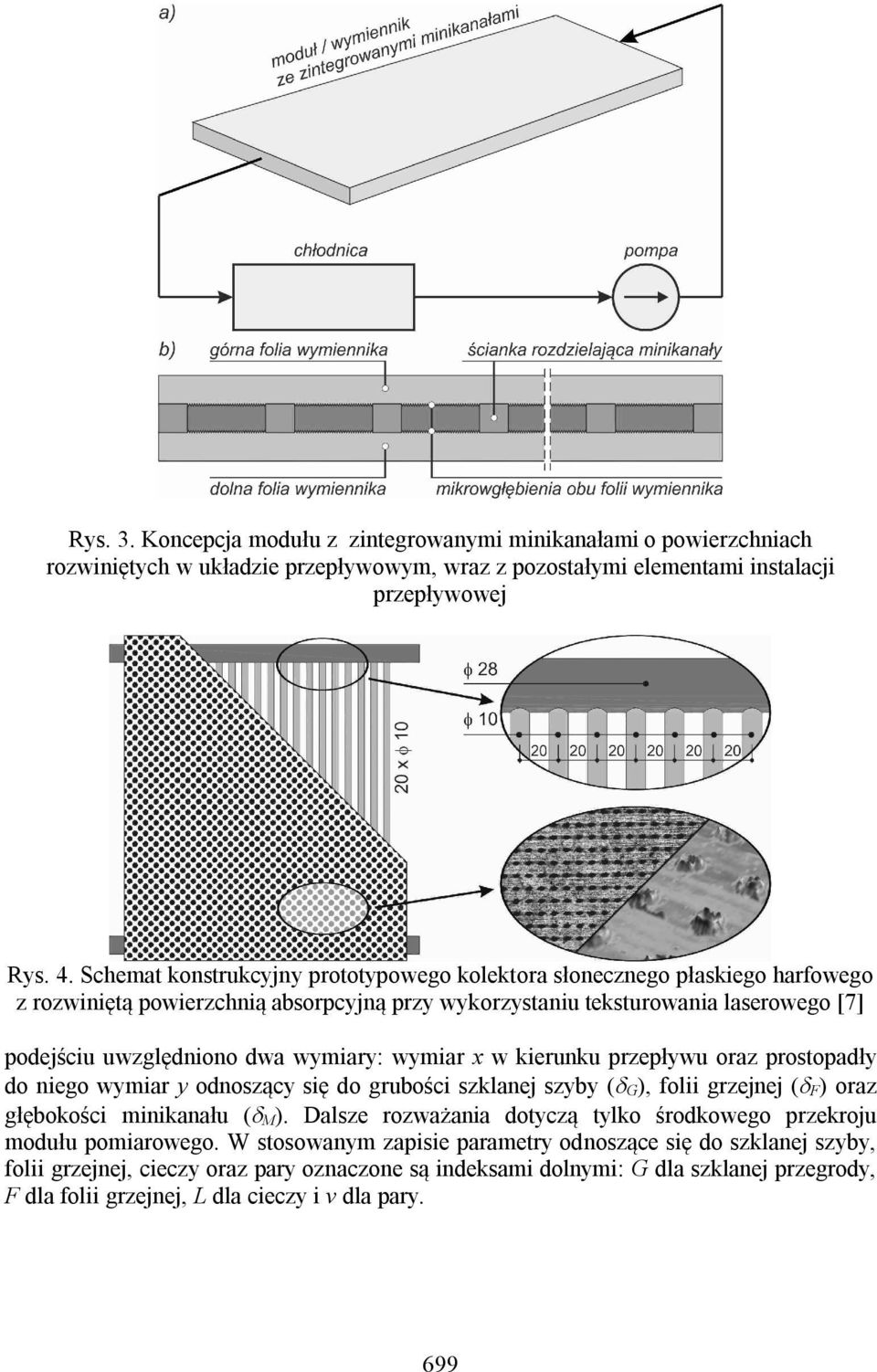 wymiar x w kierunku przepływu oraz prostopadły do niego wymiar y odnoszący się do grubości szklanej szyby ( G), folii grzejnej ( ) oraz głębokości minikanału ( M).