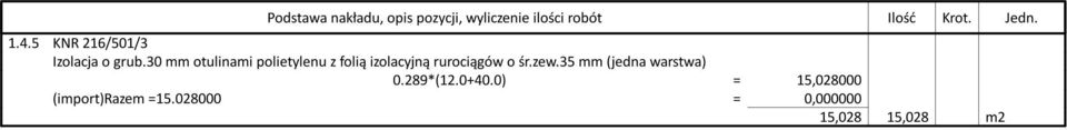 rurociągów o śr.zew.35 mm (jedna warstwa) 0.289*(12.