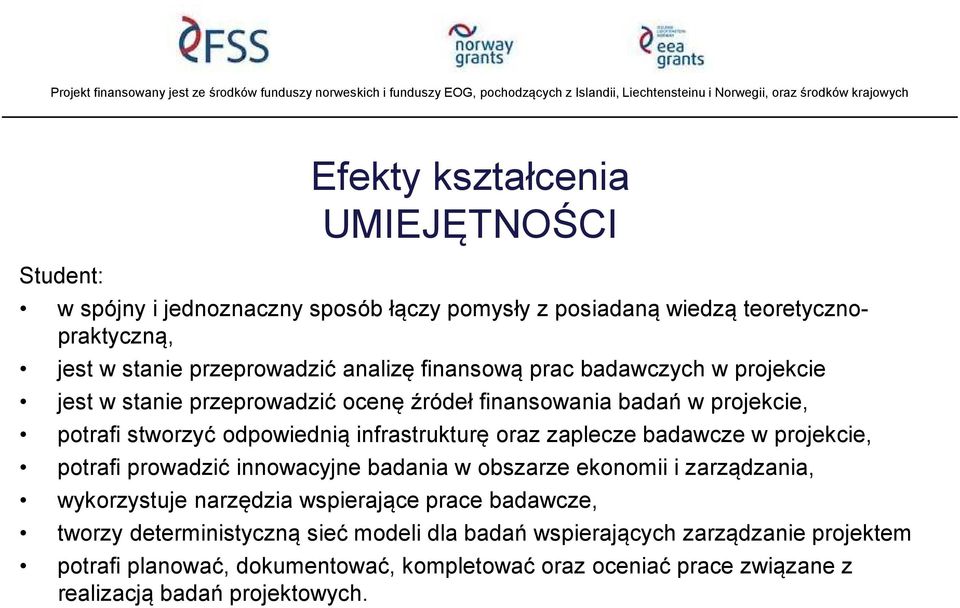 zaplecze badawcze w projekcie, potrafi prowadzić innowacyjne badania w obszarze ekonomii i zarządzania, wykorzystuje narzędzia wspierające prace badawcze, tworzy