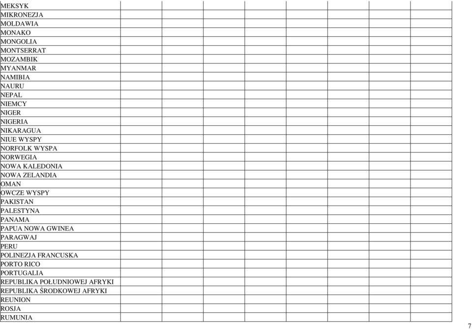OMAN OWCZE WYSPY PAKISTAN PALESTYNA PANAMA PAPUA NOWA GWINEA PARAGWAJ PERU POLINEZJA FRANCUSKA