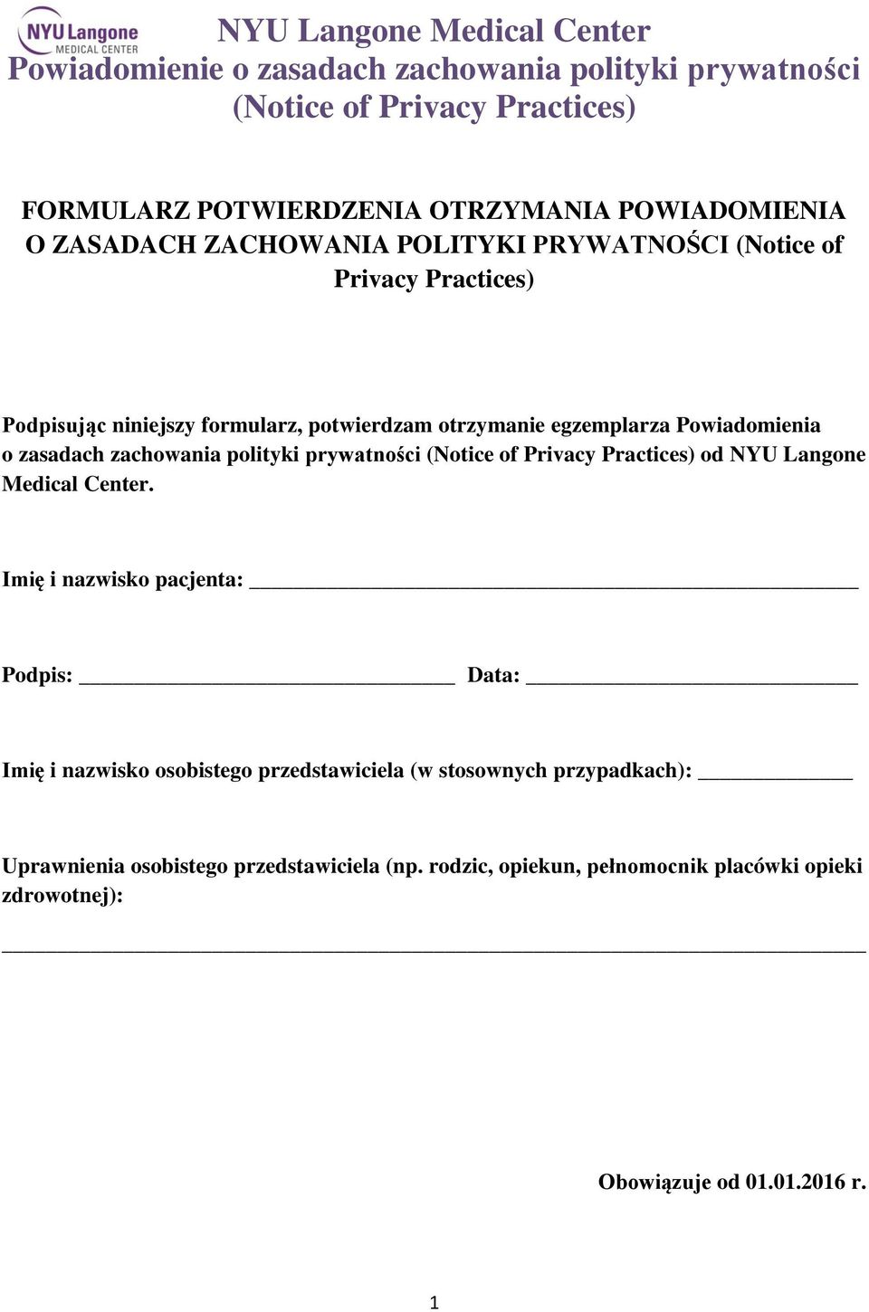 zachowania polityki prywatności (Notice of Privacy Practices) od NYU Langone Medical Center.