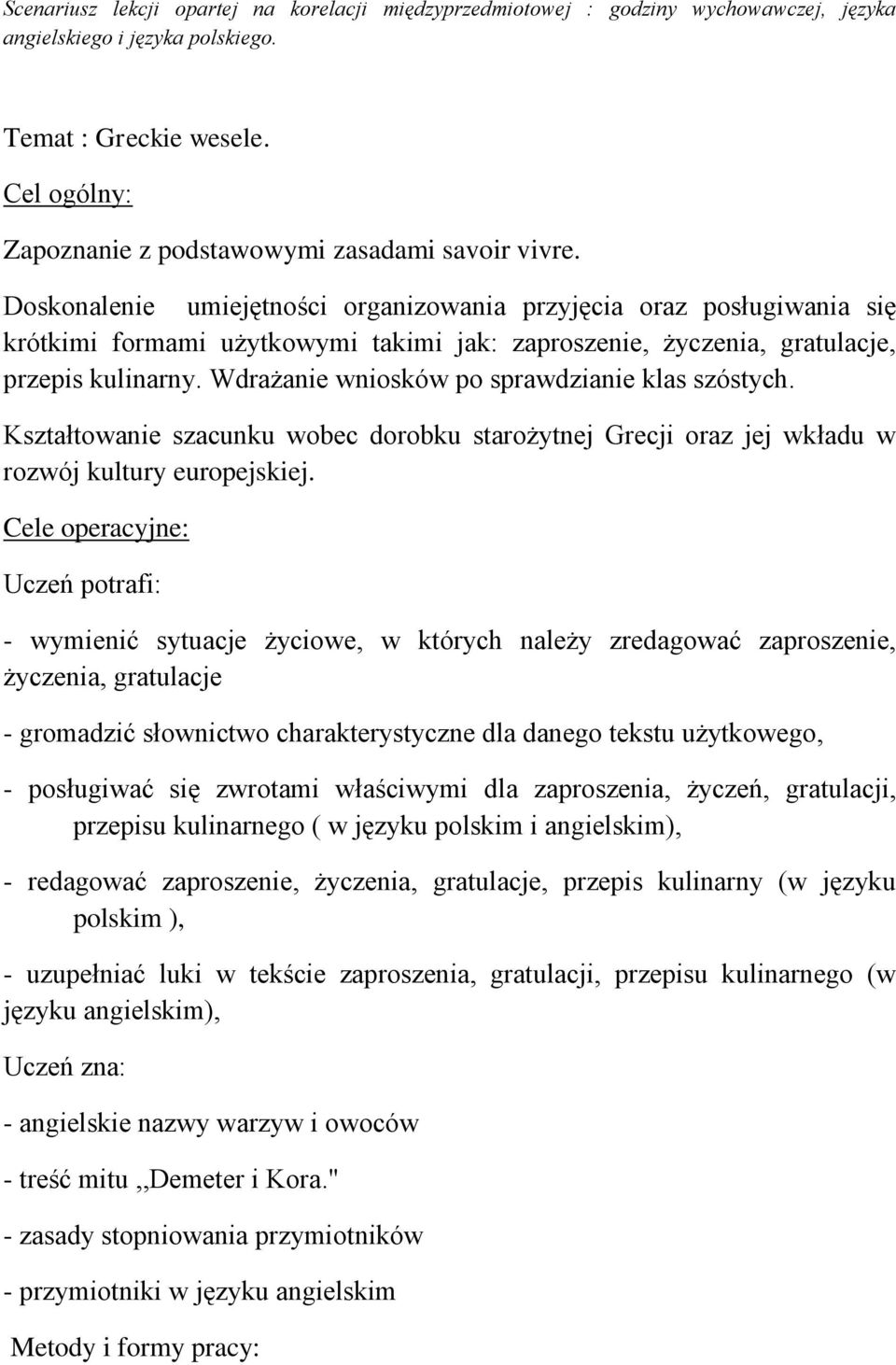Scenariusz Lekcji Opartej Na Korelacji Międzyprzedmiotowej Godziny
