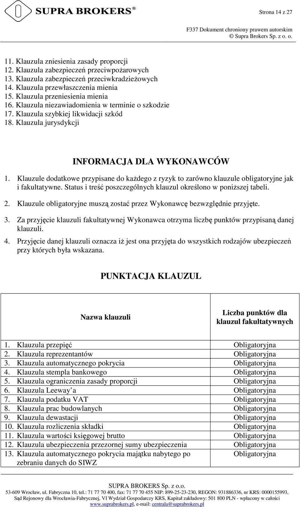 Klauzule dodatkowe przypisane do każdego z ryzyk to zarówno klauzule obligatoryjne jak i fakultatywne. Status i treść poszczególnych klauzul określono w poniższej tabeli. 2.