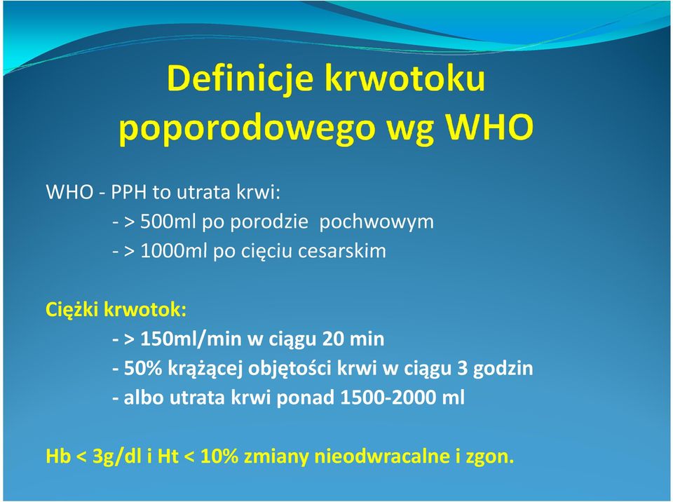 -50% krążącej objętości krwi w ciągu 3 godzin - albo utrata krwi