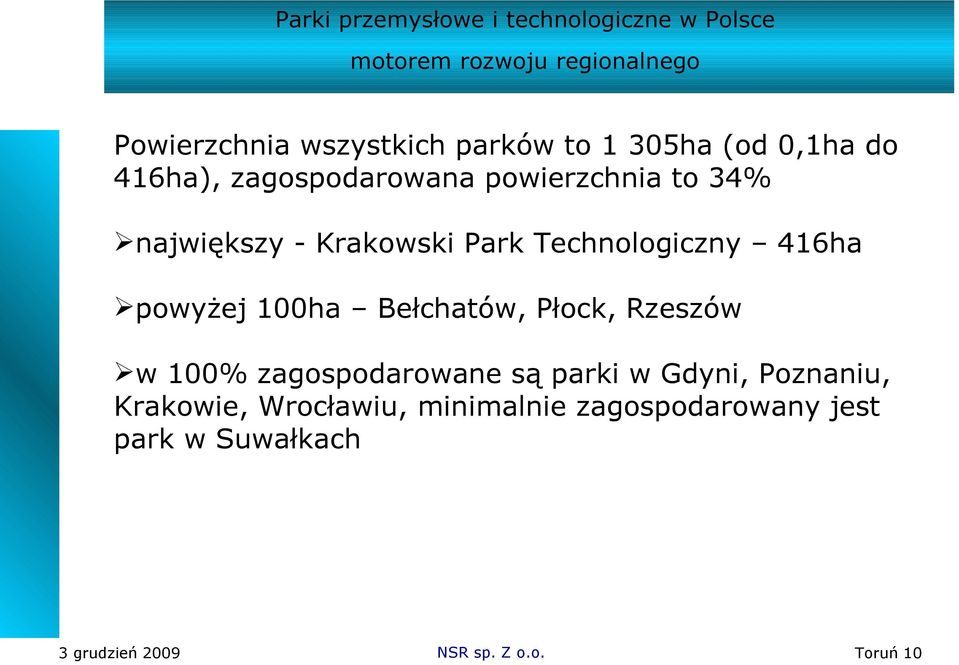 100ha Bełchatów, Płock, Rzeszów w 100% zagospodarowane są parki w Gdyni,