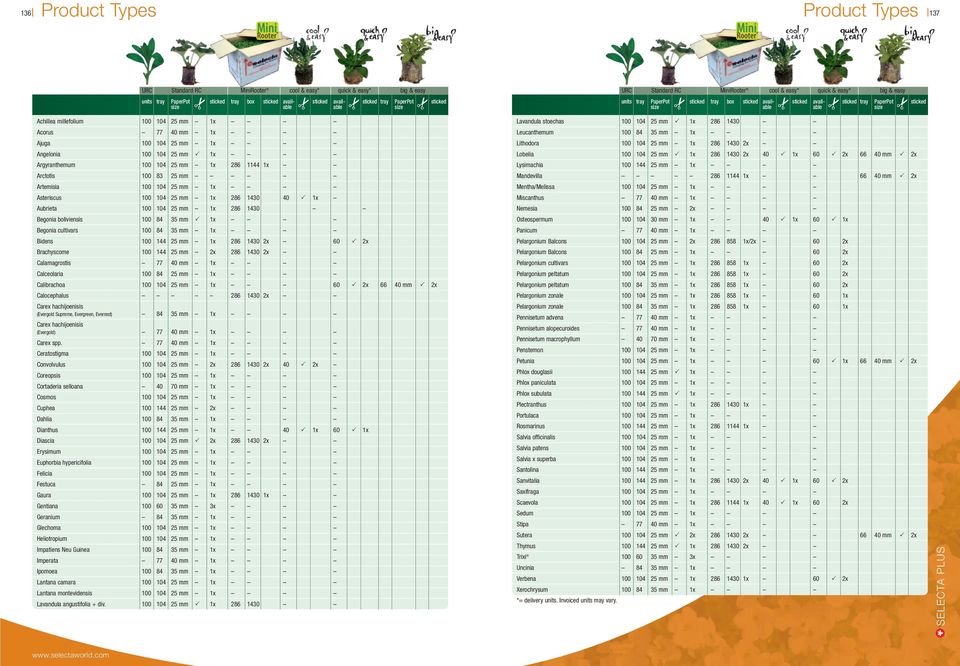 able size Achillea millefolium 100 104 25 mm 1x Acorus 77 40 mm 1x Ajuga 100 104 25 mm 1x Angelonia 100 104 25 mm 1x Argyranthemum 100 104 25 mm 1x 286 1144 1x Arctotis 100 83 25 mm Artemisia 100 104