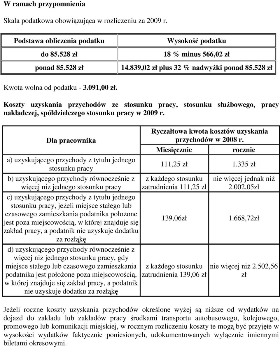 Koszty uzyskania przychodów ze stosunku pracy, stosunku słuŝbowego, pracy nakładczej, spółdzielczego stosunku pracy w 2009 r.