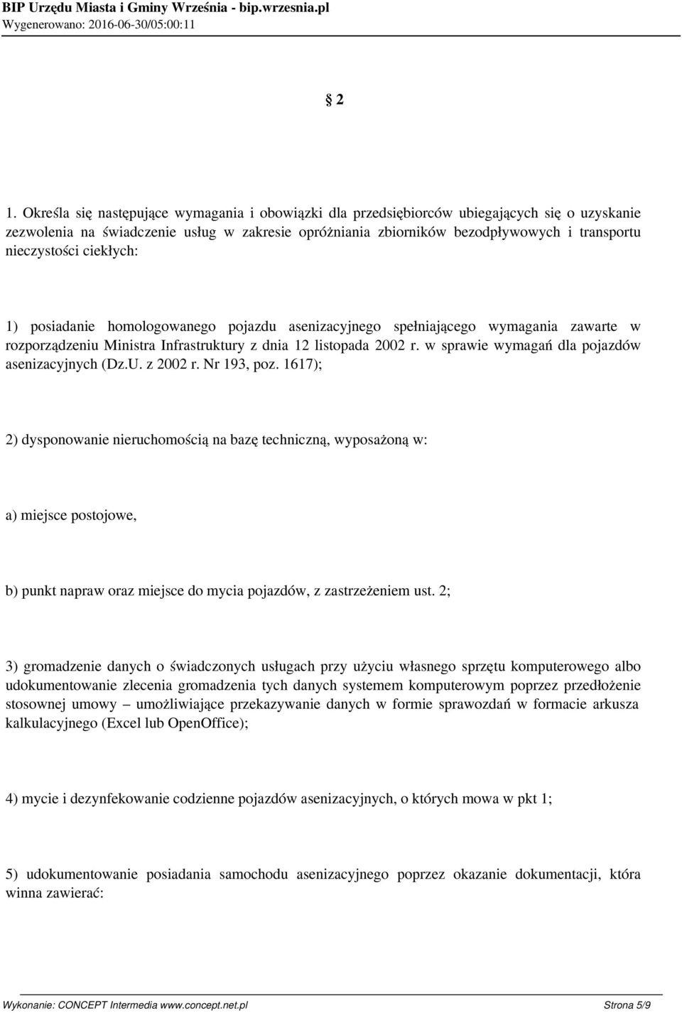 w sprawie wymagań dla pojazdów asenizacyjnych (Dz.U. z 2002 r. Nr 193, poz.