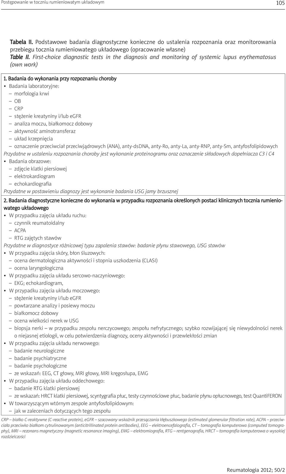 First-choice diagnostic tests in the diagnosis and monitoring of systemic lupus erythematosus (own work) 1.