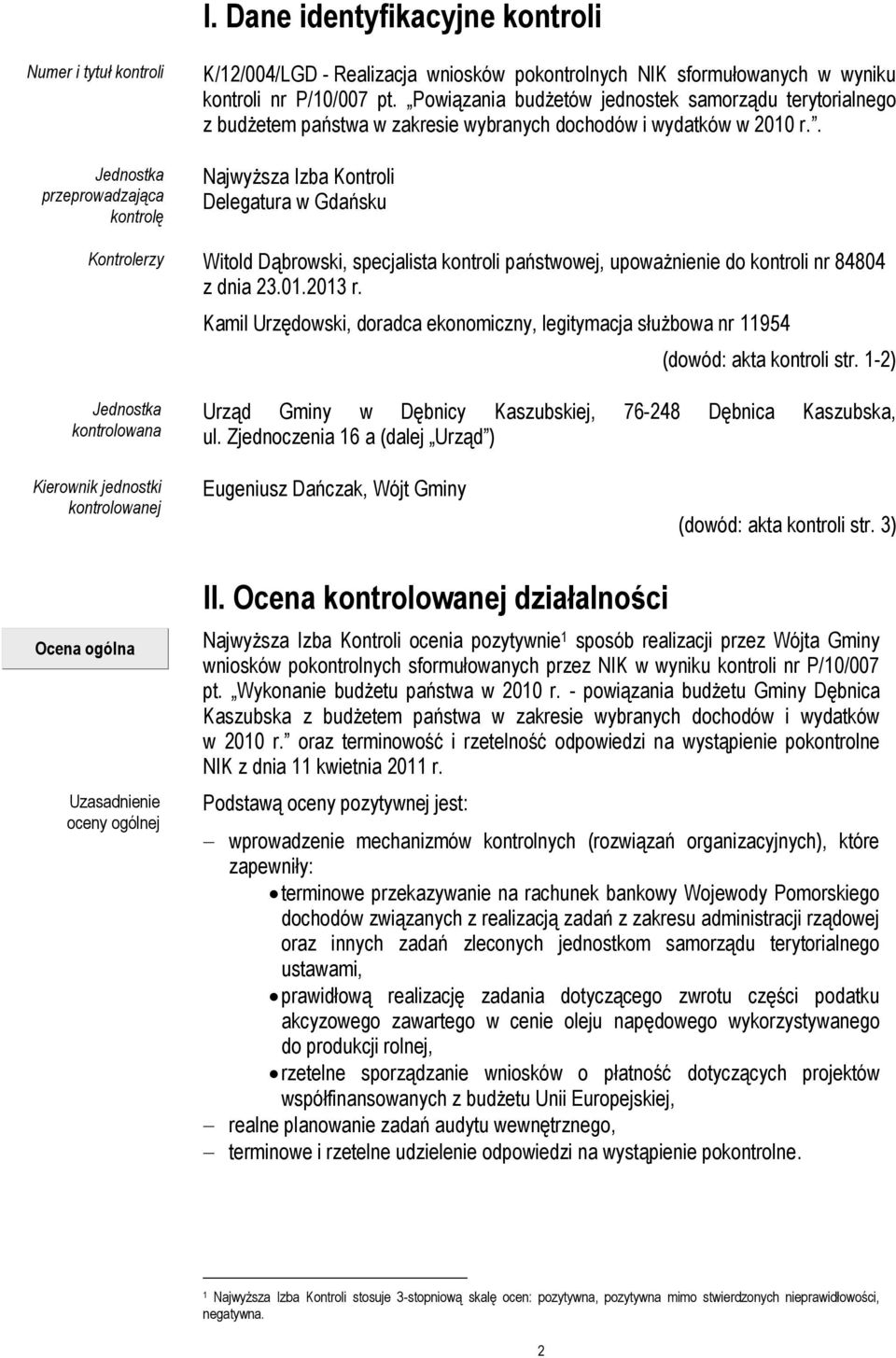 . Najwyższa Izba Kontroli Delegatura w Gdańsku Kontrolerzy Witold Dąbrowski, specjalista kontroli państwowej, upoważnienie do kontroli nr 84804 z dnia 23.01.2013 r.