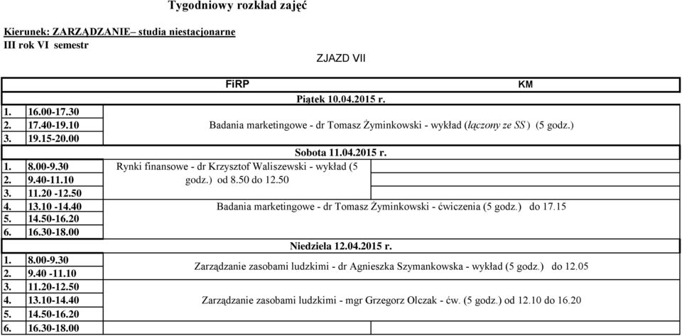 50 Badania marketingowe - dr Tomasz Żyminkowski - ćwiczenia (5 godz.) do 17.15 Niedziela 12.04.2015 r.