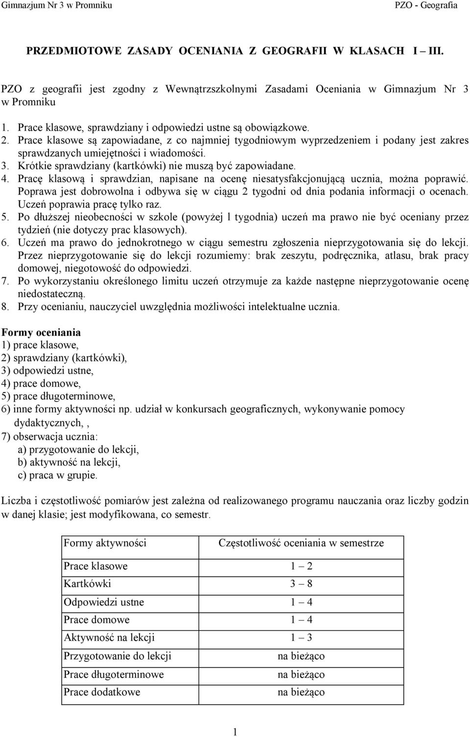 Krótkie sprawdziany (kartkówki) nie muszą być zapowiadane. 4. Pracę klasową i sprawdzian, napisane na ocenę niesatysfakcjonującą ucznia, można poprawić.