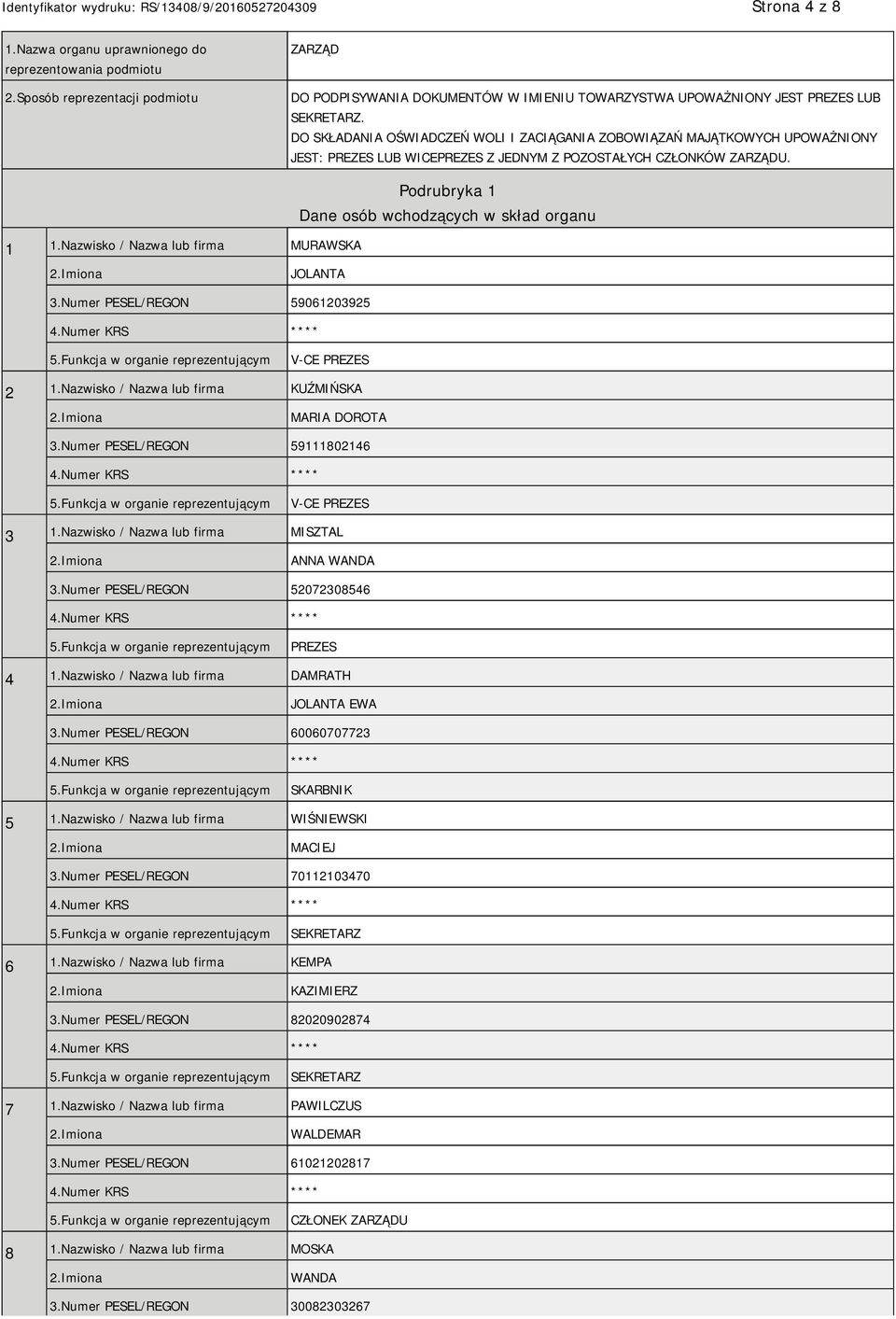 Nazwisko / Nazwa lub firma MURAWSKA Podrubryka 1 Dane osób wchodzących w skład organu JOLANTA 3.Numer PESEL/REGON 59061203925 V-CE PREZES 2 1.Nazwisko / Nazwa lub firma KUŹMIŃSKA MARIA DOROTA 3.