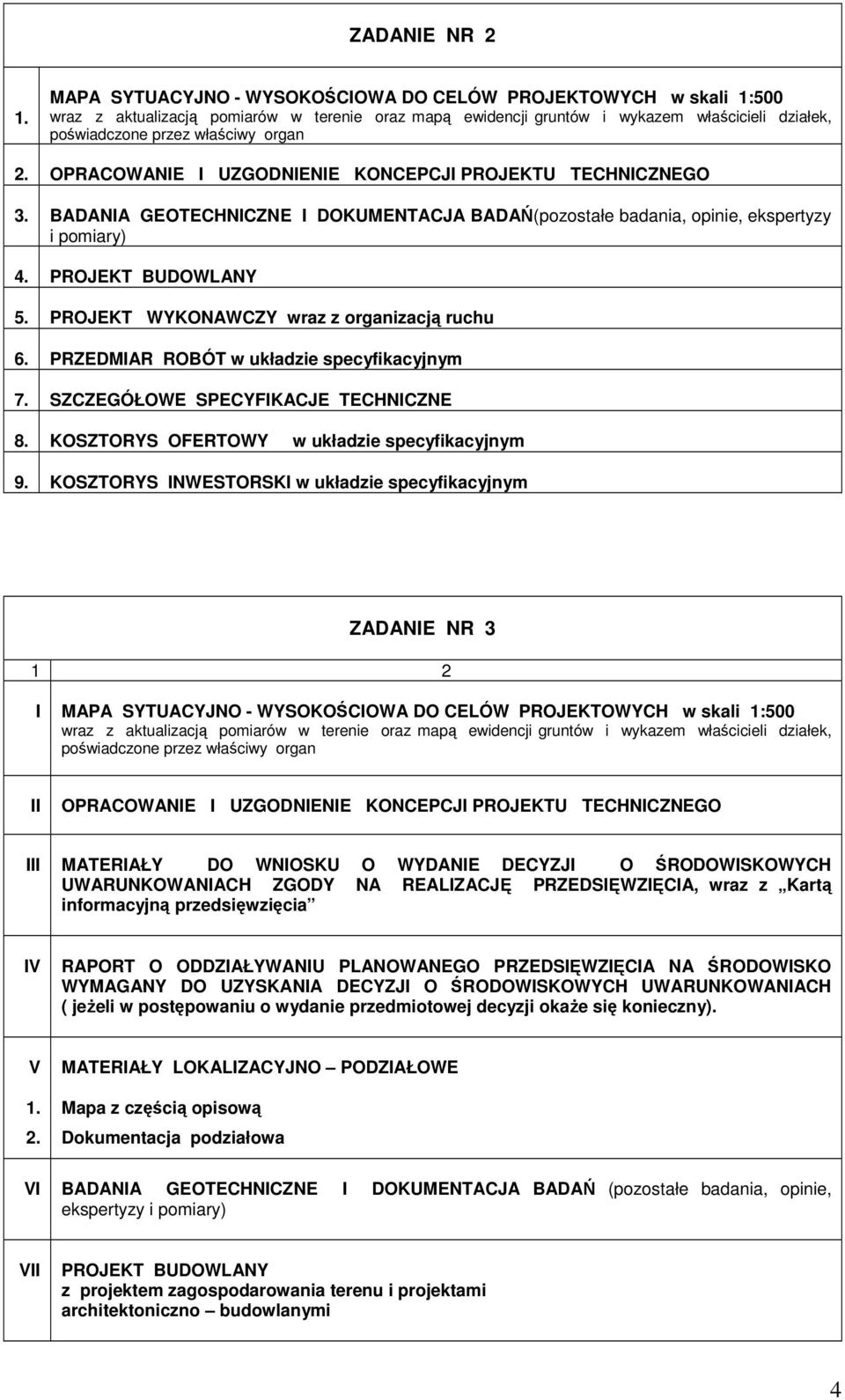 PRZEDMIAR ROBÓT w układzie specyfikacyjnym 7. SZCZEGÓŁOWE SPECYFIKACJE TECHNICZNE 8. KOSZTORYS OFERTOWY w układzie specyfikacyjnym 9.