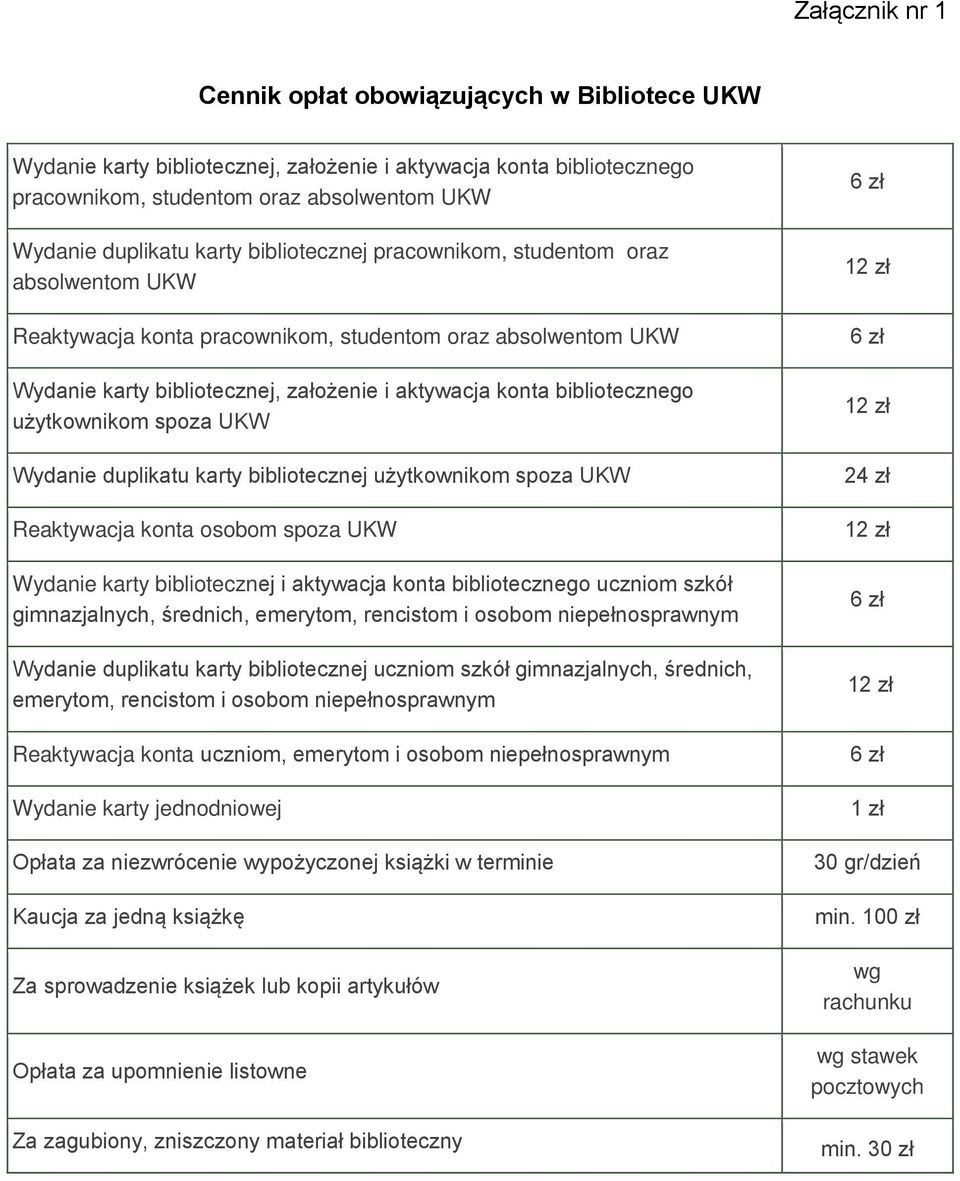 użytkownikom spoza UKW Wydanie duplikatu karty bibliotecznej użytkownikom spoza UKW Reaktywacja konta osobom spoza UKW Wydanie karty bibliotecznej i aktywacja konta bibliotecznego uczniom szkół