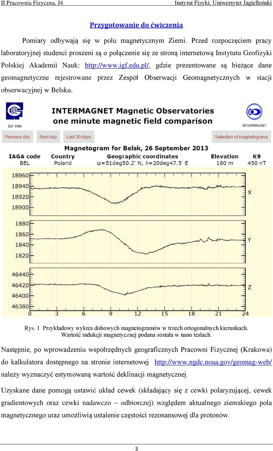 pl/, gdzie prezentowane są bieżące dane geomagnetyczne rejestrowane przez Zespół Obserwacji Geomagnetycznych w stacji obserwacyjnej w Belsku. Rys.