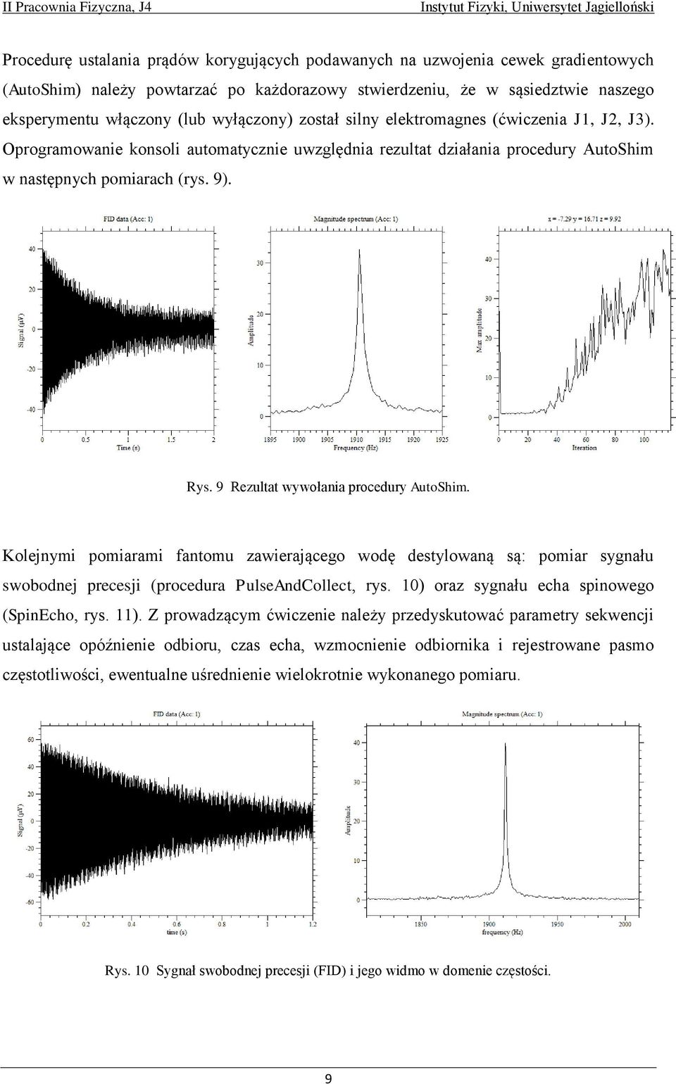 9 Rezultat wywołania procedury AutoShim. Kolejnymi pomiarami fantomu zawierającego wodę destylowaną są: pomiar sygnału swobodnej precesji (procedura PulseAndCollect, rys.