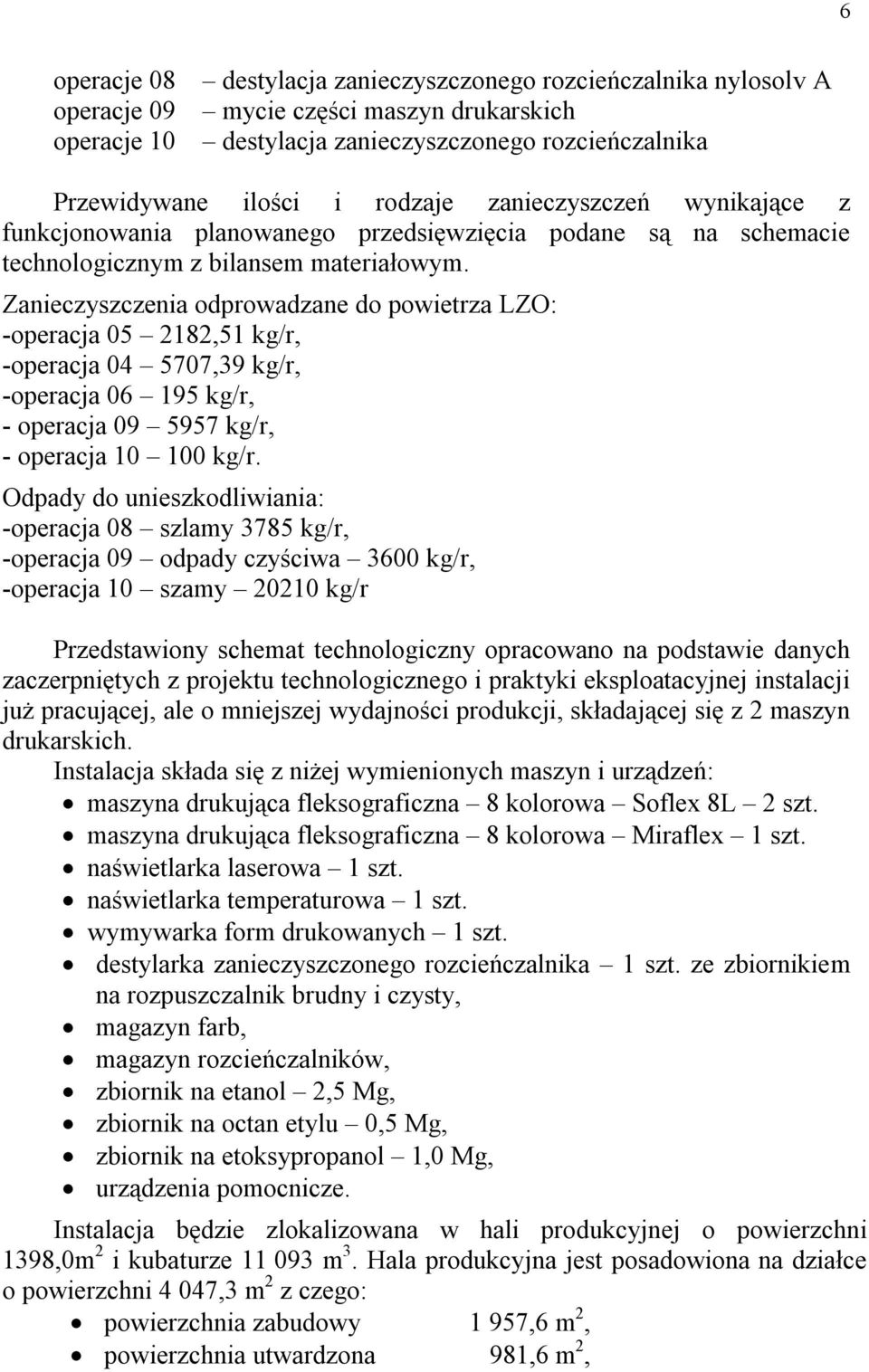 Zanieczyszczenia odprowadzane do powietrza LZO: -operacja 05 2182,51 kg/r, -operacja 04 5707,39 kg/r, -operacja 06 195 kg/r, - operacja 09 5957 kg/r, - operacja 10 100 kg/r.