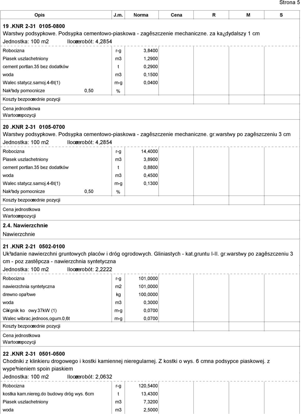 warstwy po zagêszczeniu 3 cm Robocizna r-g 14,4000 Piasek uszlachetniony m3 3,8900 cement portlan.35 bez dodatków t 0,8800 woda m3 0,4500 Walec statycz.samoj.4-6t(1) m-g 0,1300 2.4. Nawierzchnie Nawierzchnie 21.