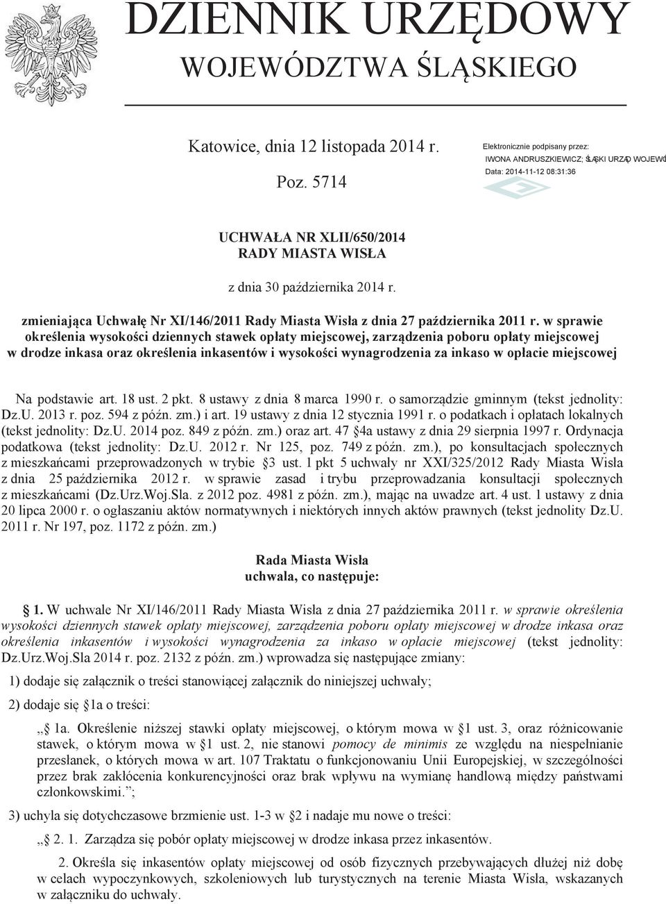 zmieniająca Uchwałę Nr XI/146/2011 Rady Miasta Wisła z dnia 27 października 2011 r.