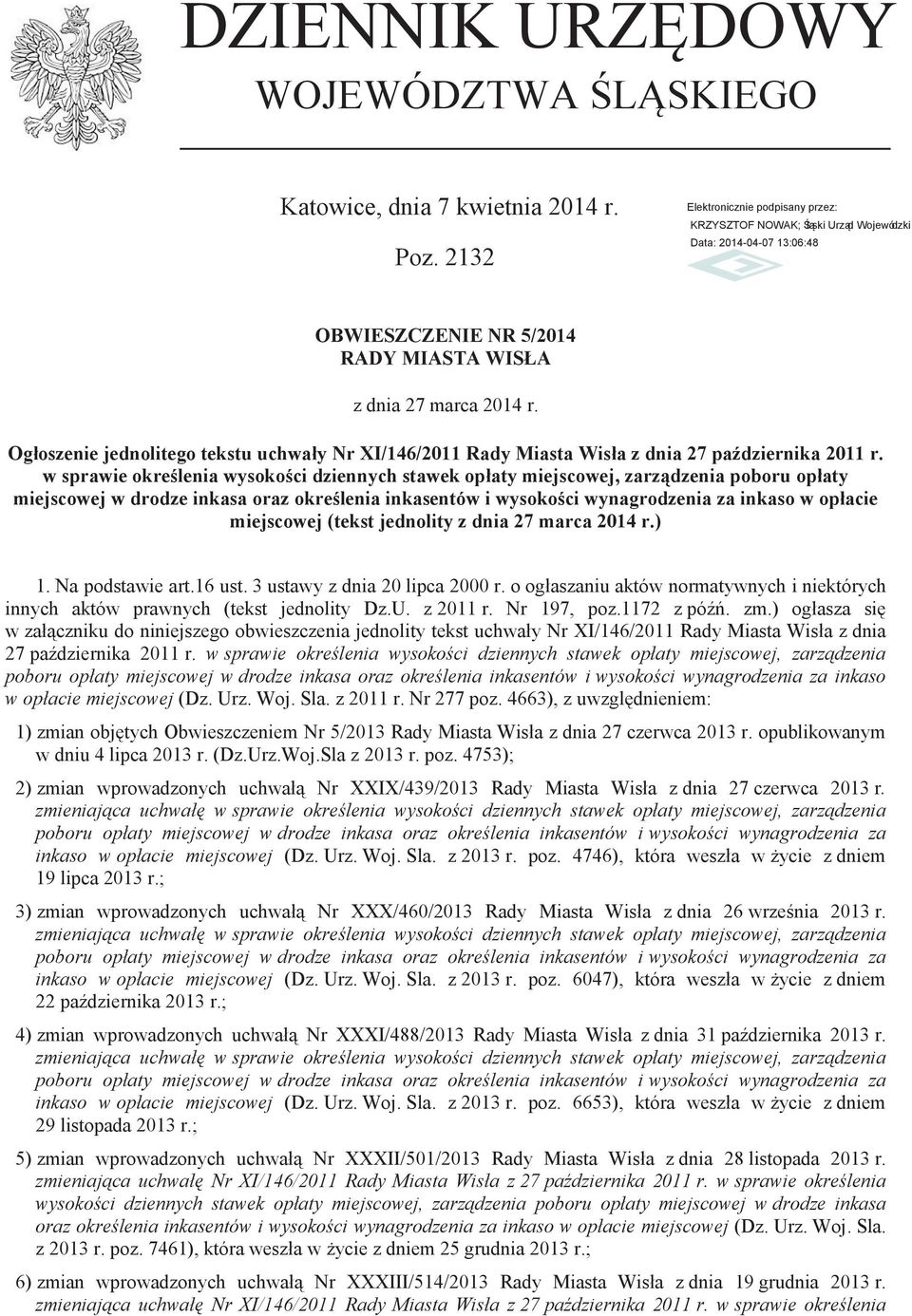 Ogłoszenie jednolitego tekstu uchwały Nr XI/146/2011 Rady Miasta Wisła z dnia 27 października 2011 r.