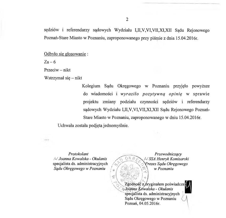 podziału czynności sędziów i referendarzy sądowych Wydziału I,II,V,VI,VII,XI,XII Sądu Rejonowego Poznań- Stare Miasto w Poznaniu, zaproponowanego w dniu 15.04.2016r.