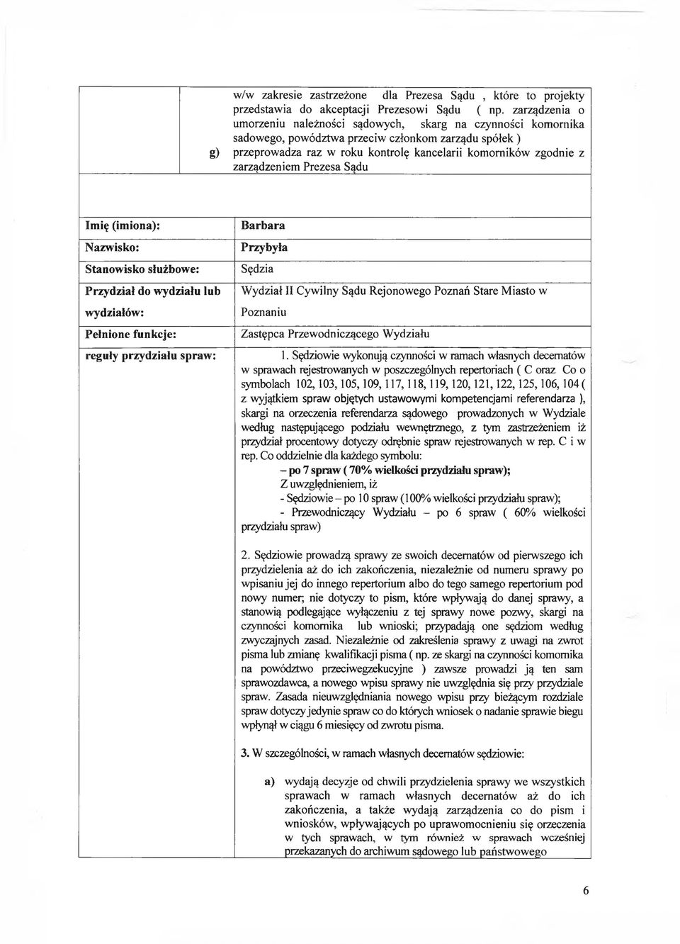 zarządzeniem Prezesa Sądu Imię (imiona): Nazwisko: Stanowisko służbowe: Przydział do wydziału lub wydziałów: Pełnione funkcje: reguły przydziału spraw: Barbara Przybyła Sędzia Wydział II Cywilny Sądu