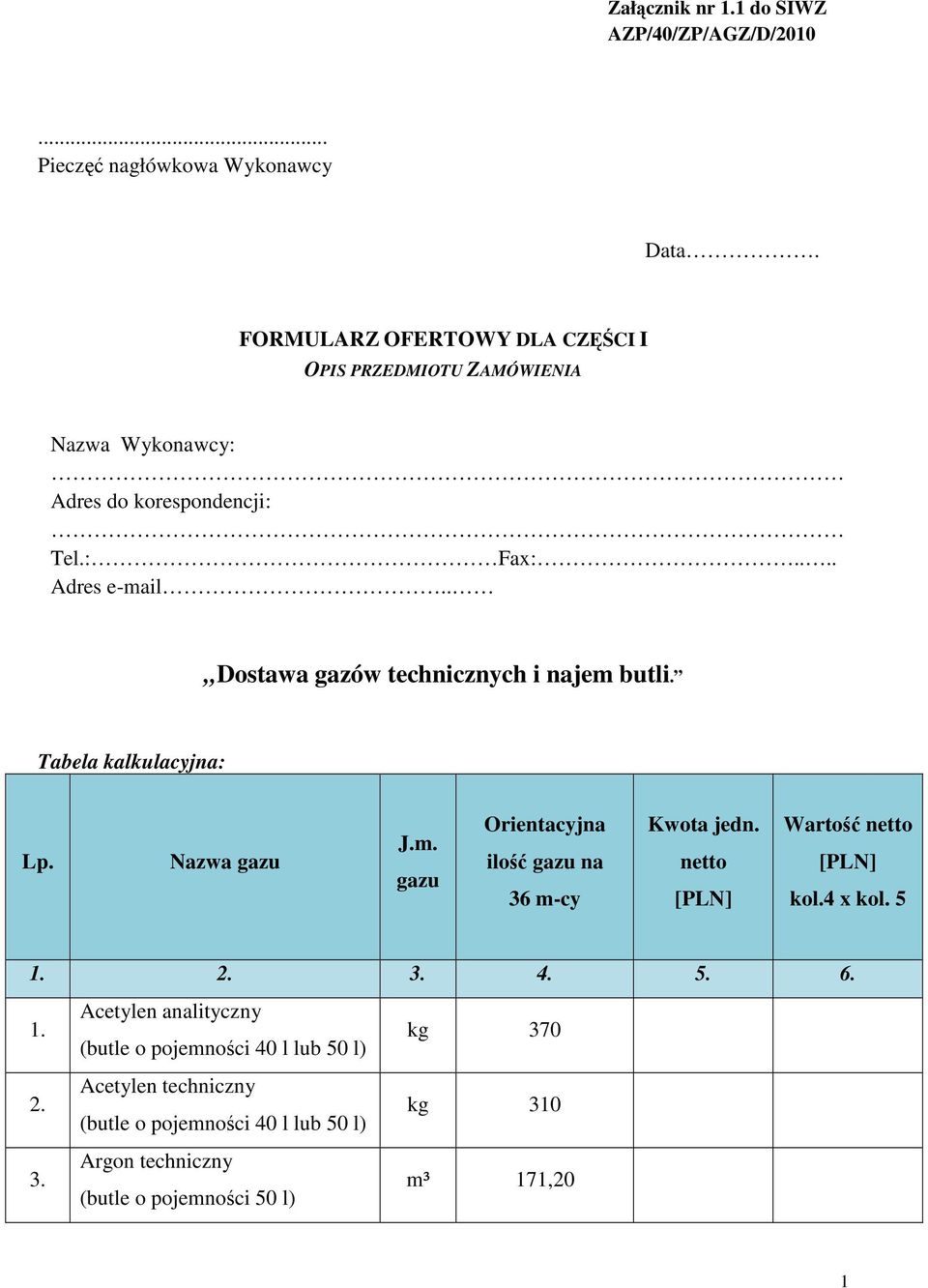 . Dostawa gazów technicznych i najem butli. Tabela kalkulacyjna: Lp. Nazwa gazu J.m. gazu Orientacyjna ilo gazu na 36 m-cy Kwota jedn.